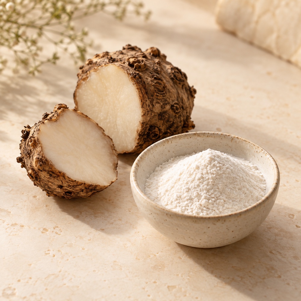 Fresh konjac root, halved, beside a bowl of glucomannan fiber powder