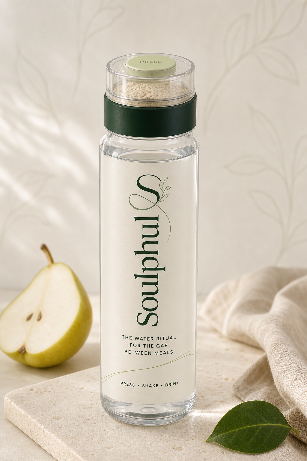 SoulPhul bottle with dry-dose cap, glucomannan fiber powder visible in the chamber above the water